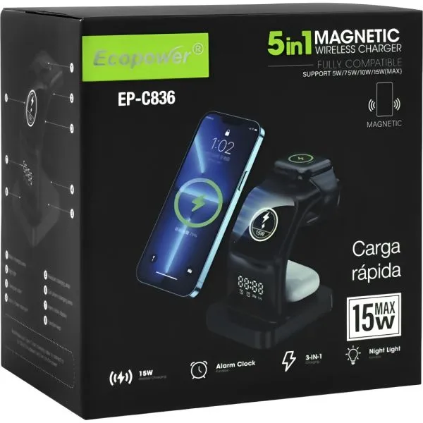 Foto do Produto ECOPOWER CARGADOR WIRELESS EP-C836 5 EN 1 15W NEGRO
