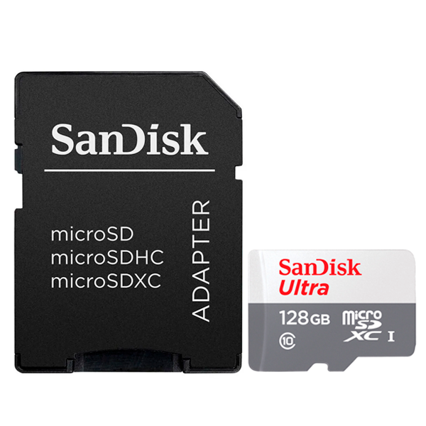Foto do Produto Cartão de Memória SanDisk Ultra, 128GB, Micro SD, UHS-I C10, 100MB/s, SDSQUNR-128G-GN3MA