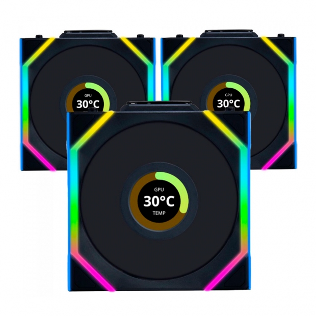 Foto do Produto Cooler Fan de Gabinete Kit com 3, Lian Li Uni Fan Wireless 120 LCD 12RSLLCD1W3B Reverse Blade, PWM 4-pinos, 120mm, com L-WIRELESS CONTROLLER, Preto