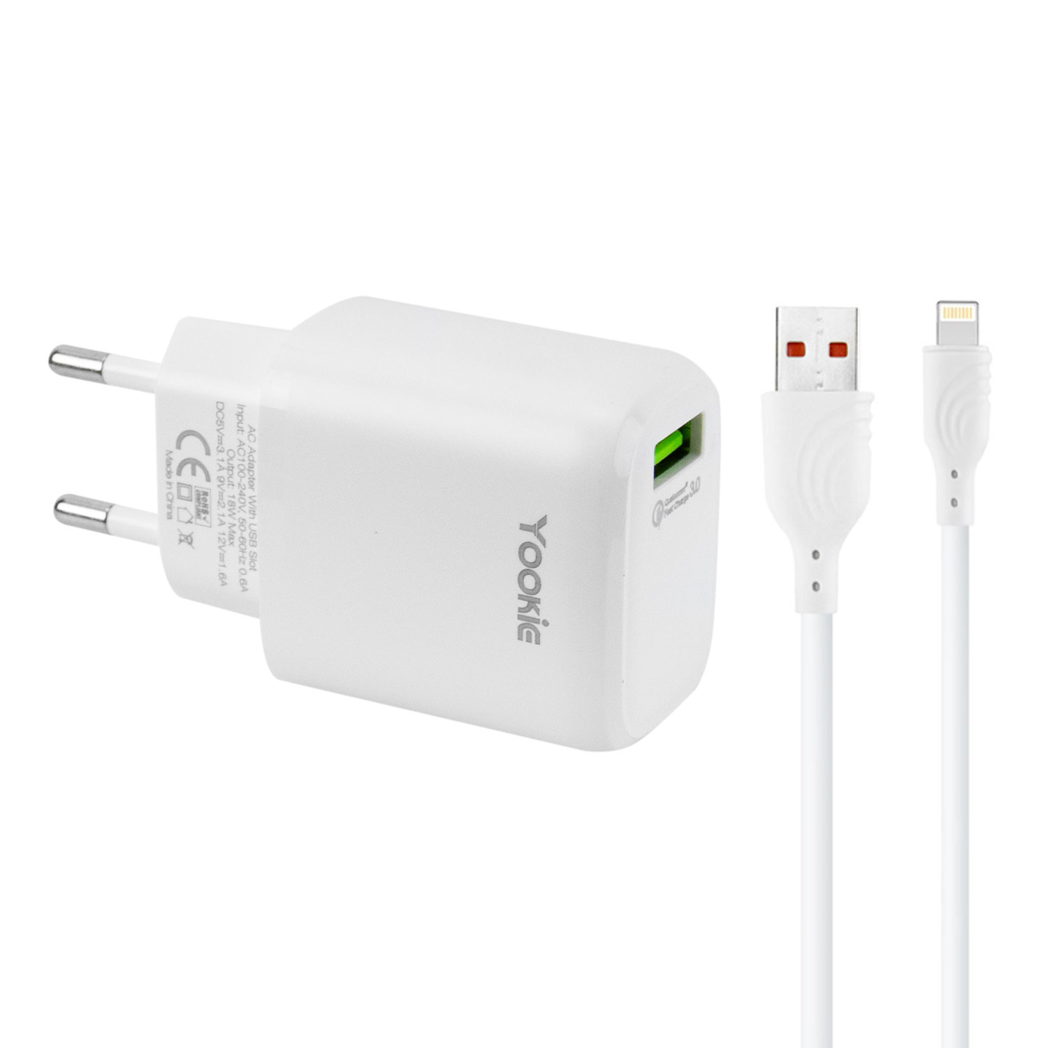 Foto do Produto Fonte Carregador Yookie EI2Y - 18W - USB - Com Cabo Lightning - Bivolt - Branco