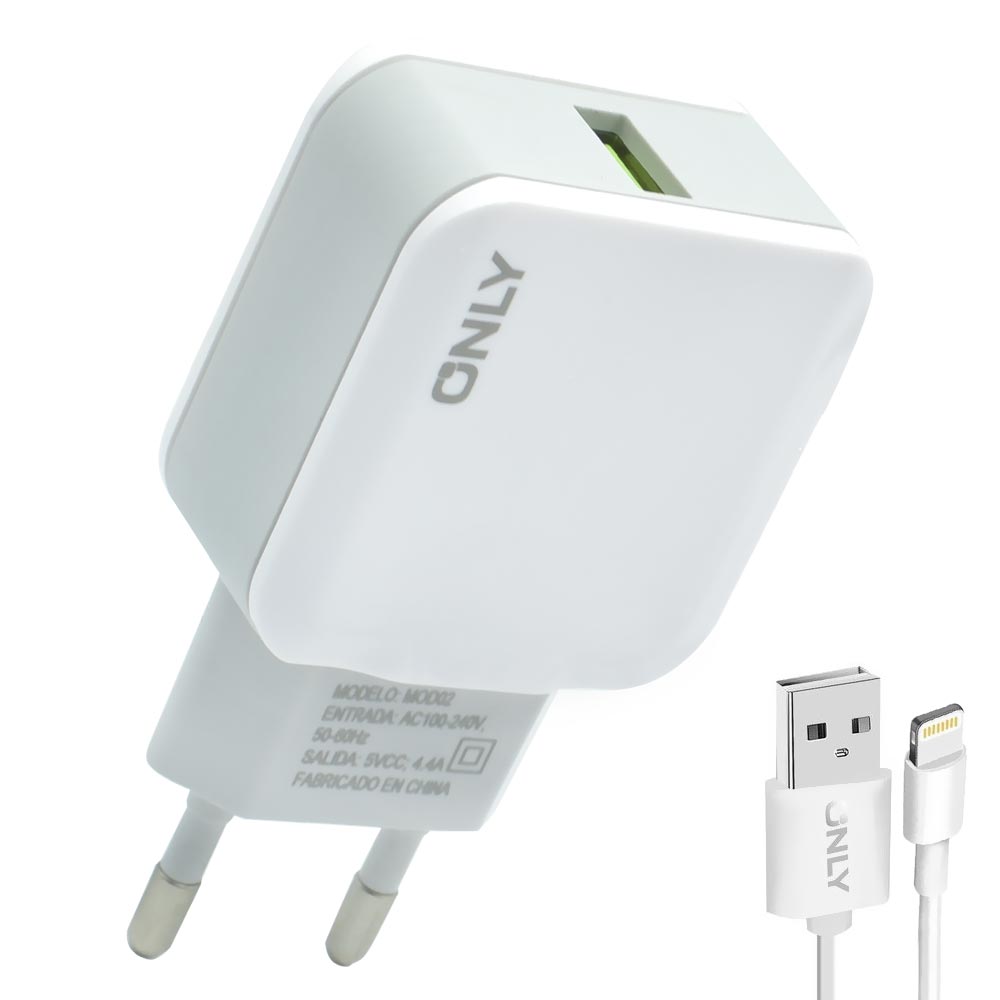 Foto do Produto Carregador Tomada Only MOD02 USB 2.0 / 4.4A - Branco + Cabo Lightning A USB 1M