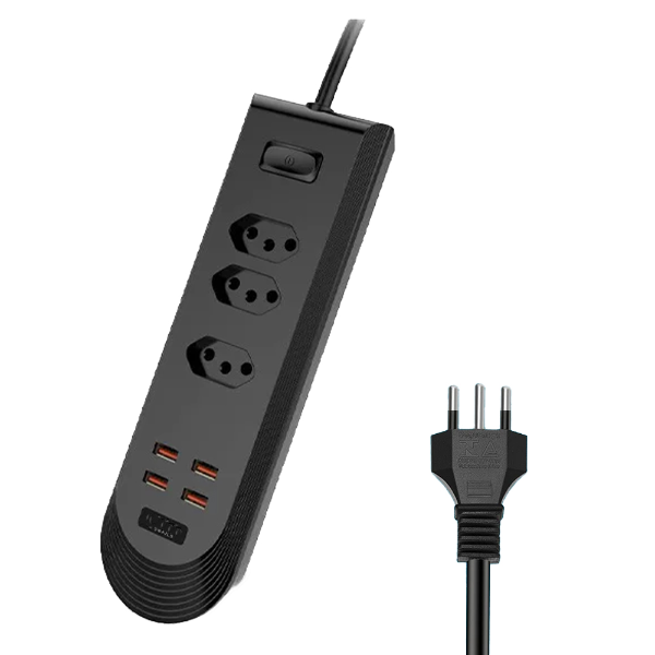 Foto do Produto Filtro de Linha / Extensão Elétrica Keen KEC-01 Com 3 Tomadas + 4 Tomadas USB-A / 2500W / 10A / 250V - Preto