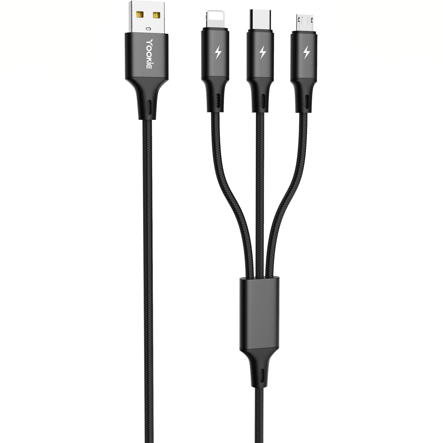 Foto do Produto Cabo Yookie EC06 - 3 em 1 - USB/USB-C/Lightning/Micro USB - 1 Metro - Preto