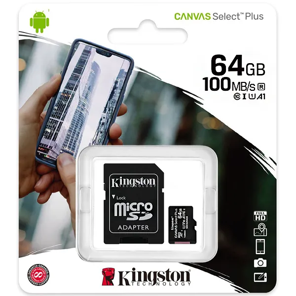Foto do Produto Cartão de Memória Micro SD de 64GB Kingston CANVAS Select Plus SDCS2/64GB - Preto