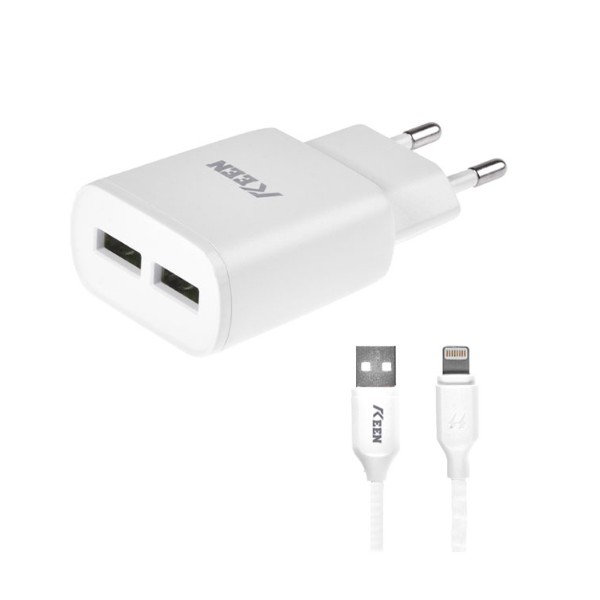 Foto do Produto Carregador Keen KC-01 Auto-Id + Cabo Lightning com 2 Saidas 5V/2.4A - Branco
