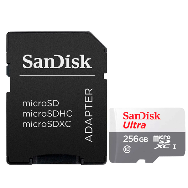 Foto do Produto Cartão de Memória SanDisk Ultra, 256GB, Micro SDXC, C10, 100MB/s, SDSQUNR-256G-GN6TA