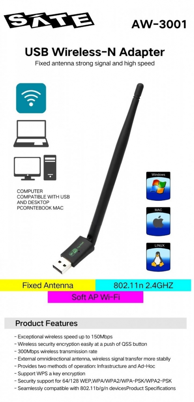 Foto do Produto Wireless Adaptador USB Satellite AW-300 300Mbps, 2.4Ghz, com Antena