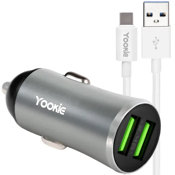 Foto do Produto Carregador Veicular Yookie PC1 2 USB + Cabo USB-C - Prata/Preto