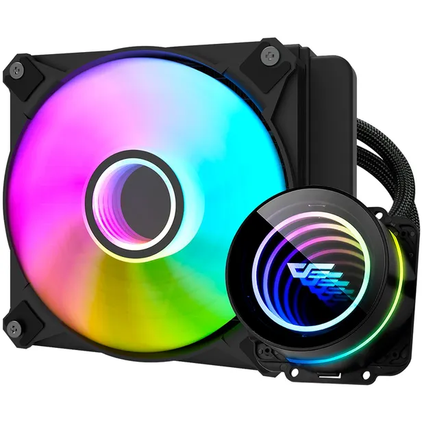 Foto do Produto Water Cooler CPU Aigo Darkflash Twister DX120 V2.6 Liquid, ARGB, Preto, 120MM, Intel 115X/1200/1700/2011(V3), AMD AM2+/AM3+/AM4/AM5/FM2+