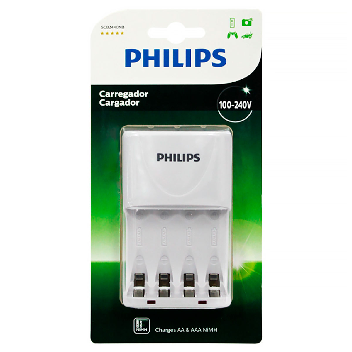 Foto do Produto Carregador Philips SCB-2440NB/97 - AAA/AA - Bivolt - Branco