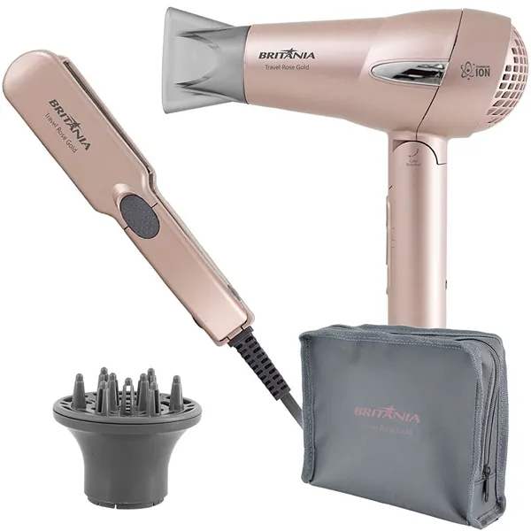 Foto do Produto Kit Secador de Cabelo Britânia Travel Rose Gold Bivolt + Chapinha