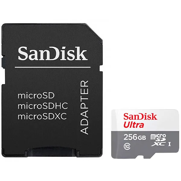 Foto do Produto Cartão de Memória Micro SD de 256GB SanDisk Ultra SDSQUNR-256G-GN6TA - Branco/Cinza