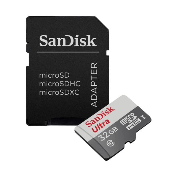 Foto do Produto Cartão de Memoria Micro SD de 32GB Sandisk Ultra 100MB/S Classe 10 SDSQUNR-032G-GN3MA - Cinza/Branco