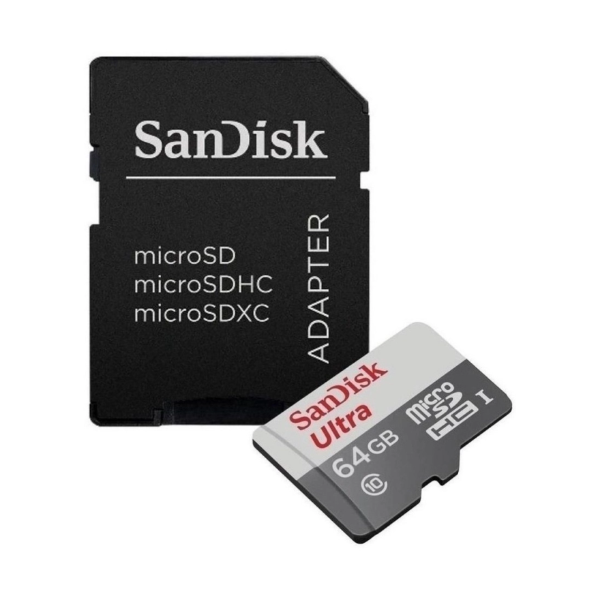 Foto do Produto Cartão de Memoria Micro SD de 64GB Sandisk Ultra 100MB/S Classe 10 SDSQUNR-064G-GN3MA - Cinza/Branco