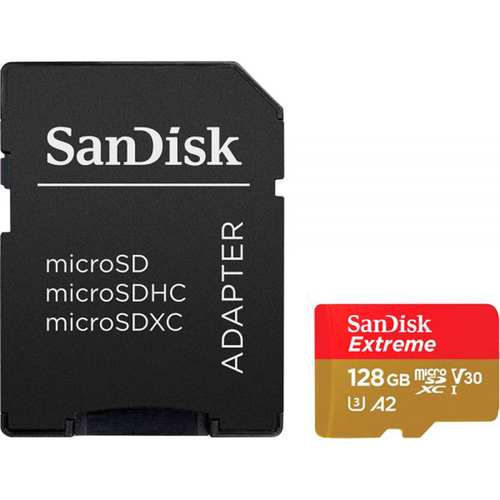 Foto do Produto Cartão de Memória SanDisk Extreme SDSQXAA-128G-GN6MA- 128GB - Micro SD com Adaptador - 190MB/s