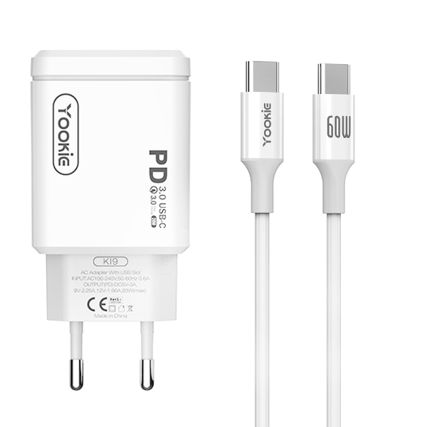 Foto do Produto Carregador de Parede Yookie K19 / 20W / USB-C 3.0 + Cabo USB-C/USB-C / Bivolt - Branco