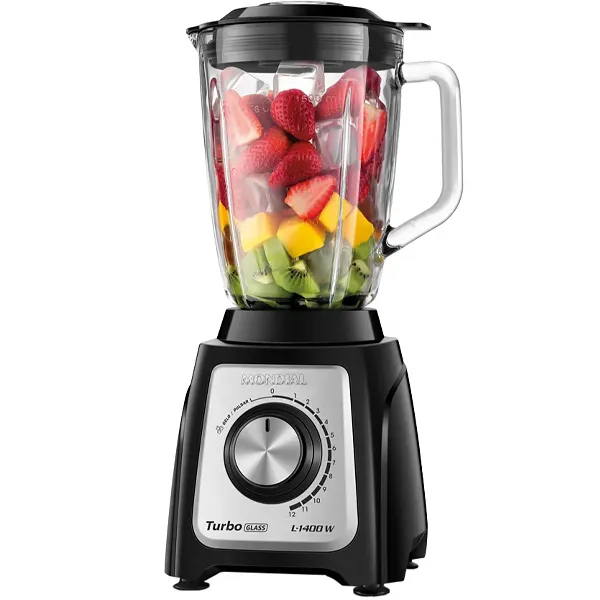 Foto do Produto Liquidificador Mondial Turbo Glass L-1400-GI 1.400 watts 2.2 Litros 12 Velocidades + Pulsar 220V ~ 50/60 Hz - Preto/Prata