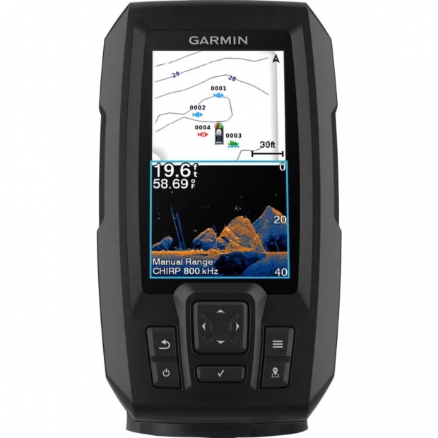Foto do Produto Localizador de Peixes Garmin STRIKER Vivid 4cv, Transdutor GT20-TM, Sonar CHIRP ClearVü, GPS Integrado, 010-02550-01