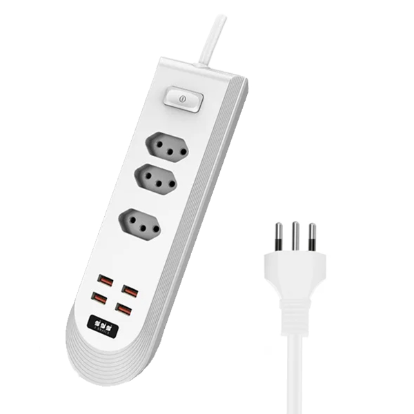 Foto do Produto Filtro de Linha / Extensão Elétrica Keen KEC-01 Com 3 Tomadas + 4 Tomadas USB-A / 2500W / 10A / 250V - Branco