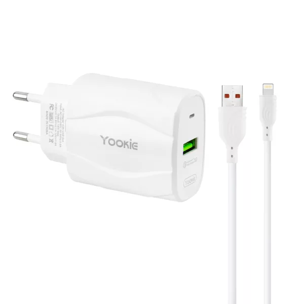Foto do Produto Carregador de Parede Yookie KI98Y / 18W / USB-A + Cabo USB-A/Lightning / Bivolt - Branco