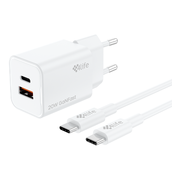 Foto do Produto Carregador de Parede 4life 20W GaNFast Charger Set (FL8220ACGW) USB-C / USB-A / 5V / 3A / Com Cabo USB-C / USB-C Incluído / 100-240V ~ 50/60Hz - Branco