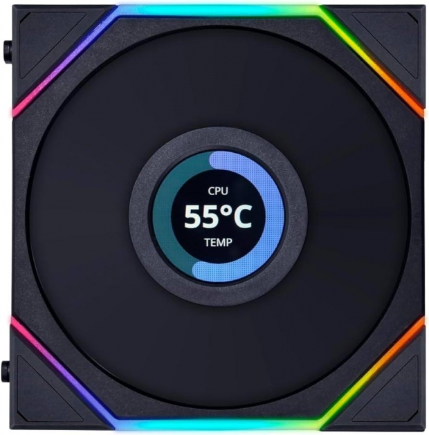 Foto do Produto Cooler Fan de Gabinete Lian Li UNI FAN TL LCD 120 RGB 12TLLCD1B, ARGB 5V, ARGB 3-pinos/PWM 4-pinos, 120mm, Preto