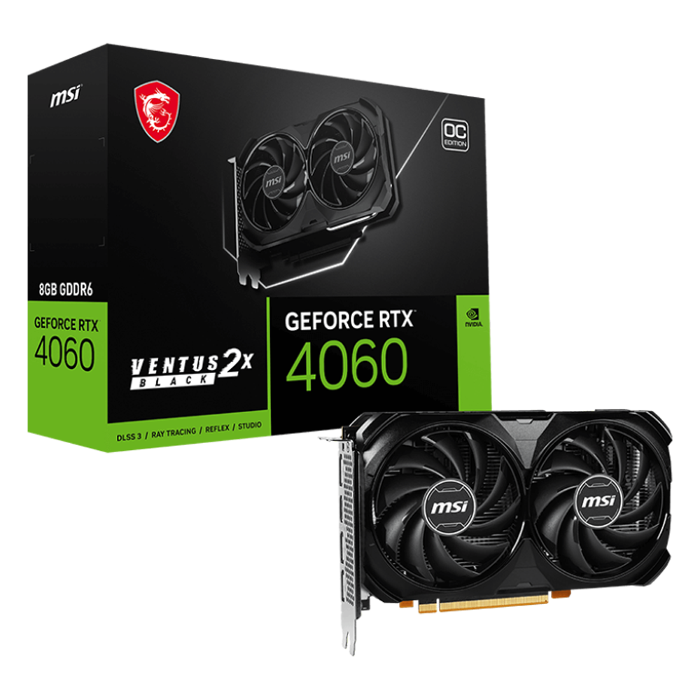 Foto do Produto Placa de Vídeo MSI GeForce RTX 4060 Ventus 2X Black OC - 8GB - GDDR6 - HDMI/Displayport