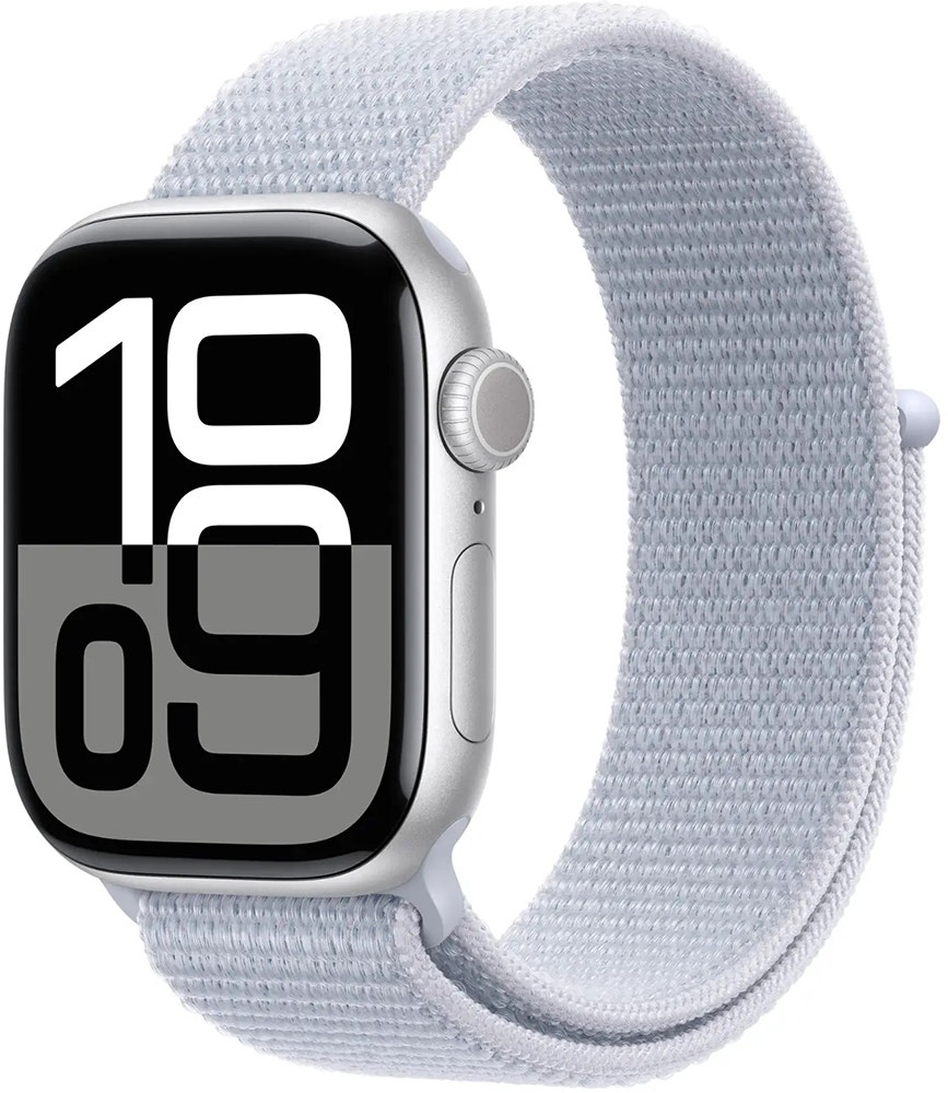 Foto do Produto Apple Watch S10 (GPS) Caixa Alumínio Silver 42mm Pulseira Sport Loop Blue Cloud MWWD3LW