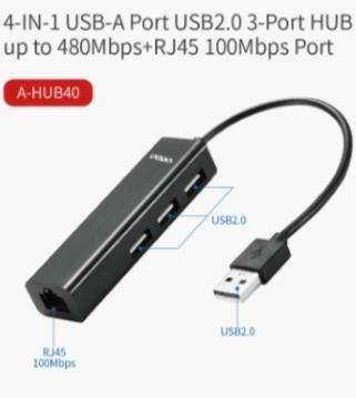 Foto do Produto HUB USB SATE A-HUB40 4EN1 USB2.0*3/RJ45 100MBS
