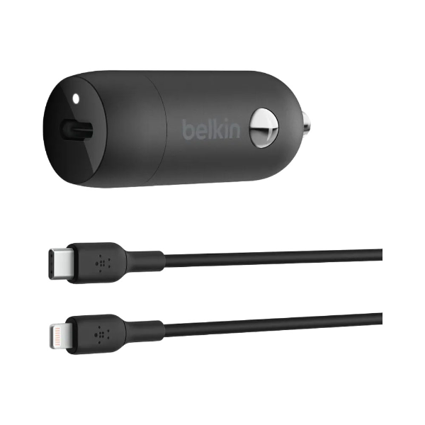 Foto do Produto Carregador Veicular Belkin CCA003BT04BK / 20W / USB-C 10W + Cabo USB-C / Lighting – Preto