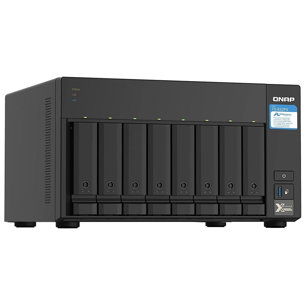 Foto do Produto Servidor Nas Storage QNAP TS-832PX-4G-US ARM Cortex-A57 de 1.7GHz / 4GB de RAM / 8 Baias / USB / LAN - Preto