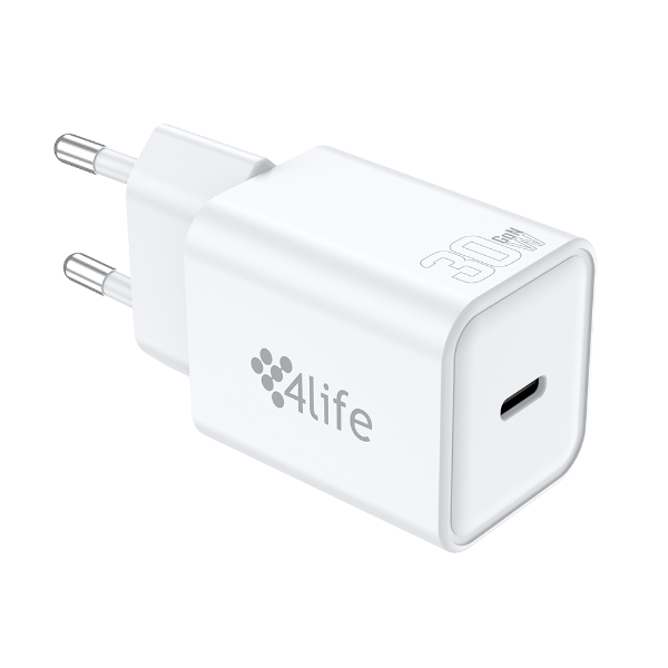Foto do Produto Carregador de Parede 4life 30W GaNMaster Series (FL8230CGW) USB-C / 5V / 3A / 100-240V ~ 50/60Hz - Branco