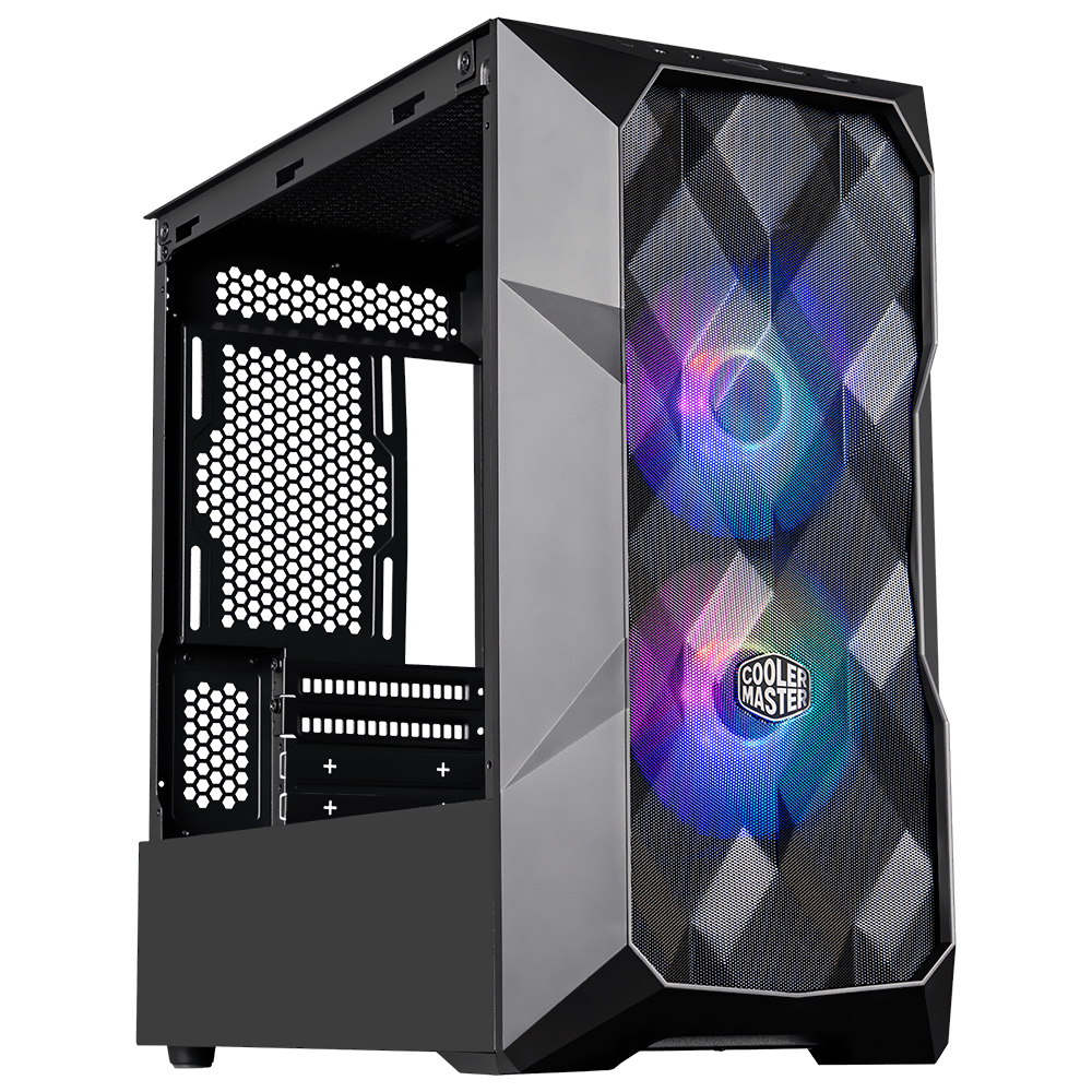 Foto do Produto Gabinete Gamer Cooler Master MasterBox TD300 Mesh Mini Tower / 2 Cooler / RGB - Preto (TD300-KGNN-S00)