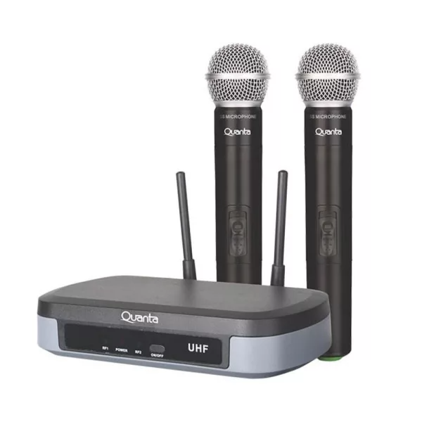 Foto do Produto Sistema de Microfone Sem Fio Quanta QTMWU104 com 2 Microfones / 60M / 500-800Mhz / Bivolt - Preto/Cinza