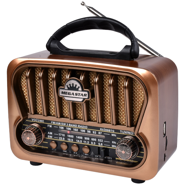 Foto do Produto Radio Portatil AM/FM/SW Megastar RX309BTM 600 Watts P.M.P.O com Bluetooth Bivolt - Dourado/Marrom