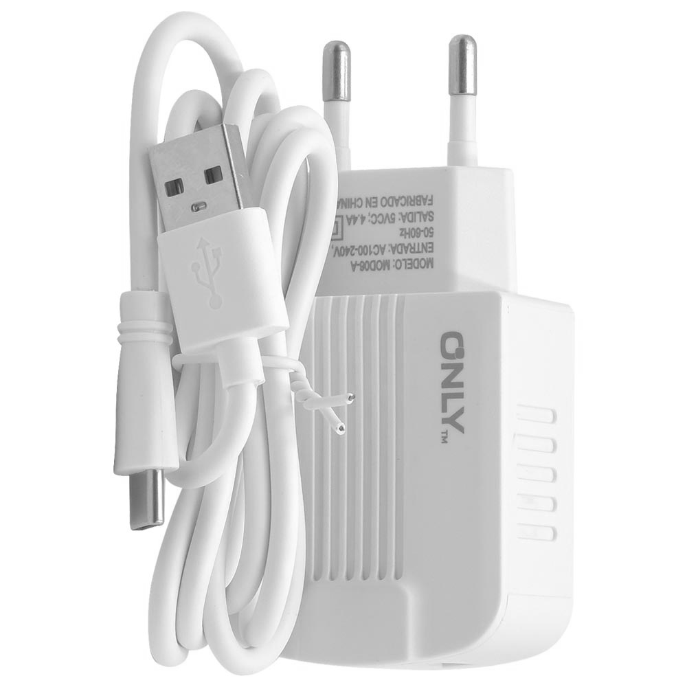 Foto do Produto Carregador Tomada Only MOD06-A 2 USB 2.0 / 4.4A - Branco + Cabo Type-C Macho A USB 1M