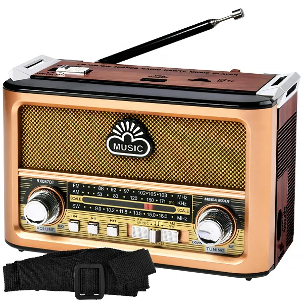 Foto do Produto Rádio Portátil MegaStar RX087BT 600 watts P.M.P.O com Bluetooth Bivolt - Dourado/Preto/Marrom