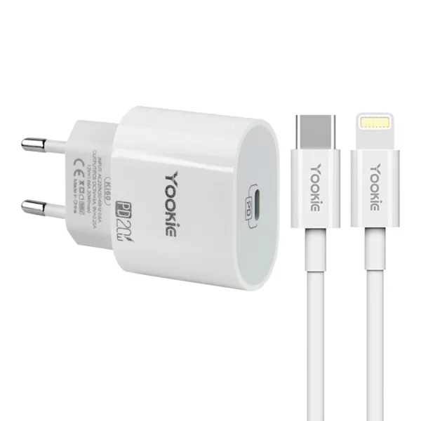 Foto do Produto Carregador de Parede Yookie KI60 / 20W / USB-C + Cabo USB-C/Lightning / Bivolt - Branco