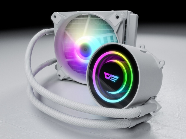 Foto do Produto Water Cooler CPU Aigo Darkflash Twister DX120 V2.6 Liquid, ARGB, Branco, 120MM, Intel 775/115X/1200/1366/1700/2011(V3), AMD AM2+/AM3+/AM4/AM5/FM2+
