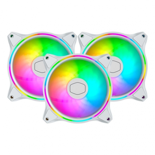 Foto do Produto Cooler Fan de Gabinete Kit com 3 Cooler Master MasterFan MF120 Halo White Edition MFL-B2DW-183PA-R1, 12 x 12, ARGB 3-pinos, 120mm, Branco