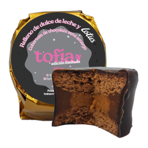 Foto do Produto Alfajor Tofia Artesanal Preto Recheio de Pasta Lotus e Doce de Leite 100g
