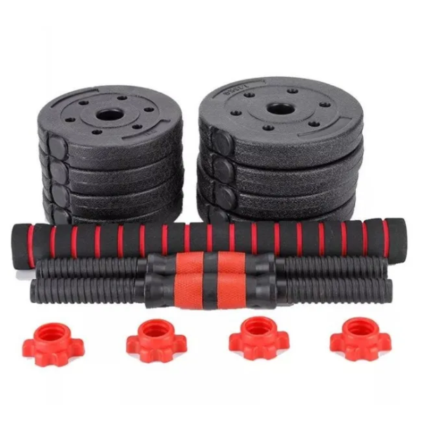 Foto do Produto Conjunto de Halteres Ajustaveis de 20Kg Com Barra Extensoral - Preto/Vermelho