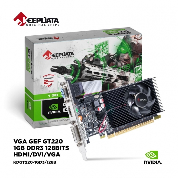 Foto do Produto Placa de Video Keepdata GeForce GT220, 1GB DDR3, 128Bits, 1x DVI 1x HDMI 1x VGA, KDGT220-1GD3