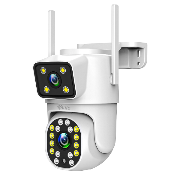 Foto do Produto Camera de Segurança 4life Outdoor 360° DualVue Smart Wifi Camera FL22Z / Dual Lens / 2X 4MP / 2.5K / Microfone / Alarma / Detecção Humana / Visao Noturna / Compativel Com Alexa e Google Home / App Tuya + App Smart Life - Branco