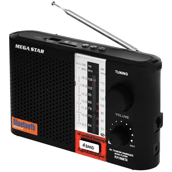 Foto do Produto Rádio Portátil MegaStar RX188BTA 800 watts P.M.P.O com SD/USB/Bluetooth - Preto