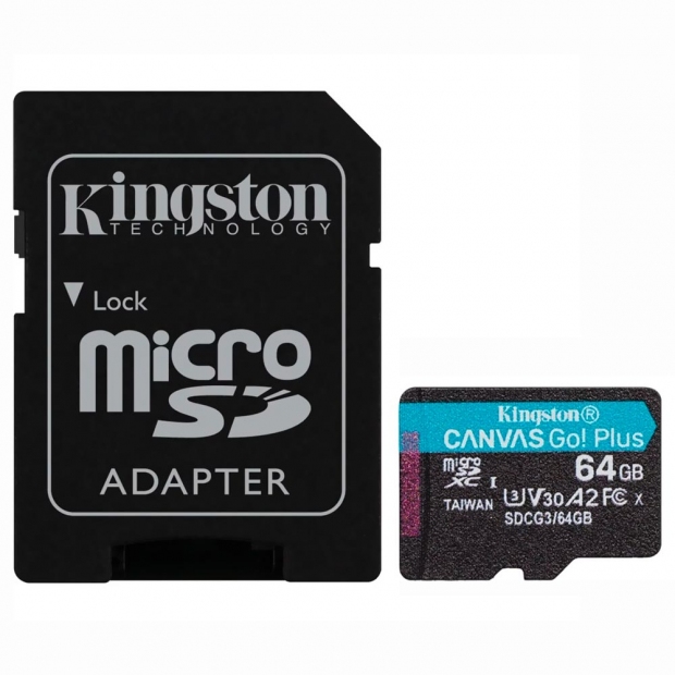 Foto do Produto Cartão de Memória Kingston Canvas GO Plus, 64GB, Micro SD, U3 V30, 170MB/s, SDCG3/64GB