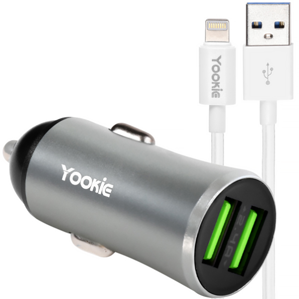 Foto do Produto Carregador Veicular Yookie PC1 / 12W / 2X USB-A + Cabo USB-A/Lightning - Silver