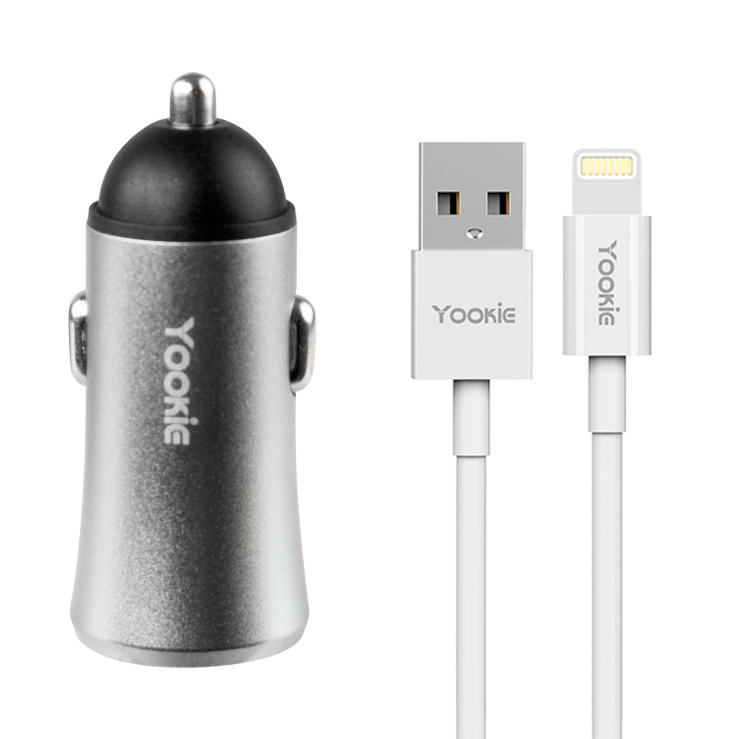 Foto do Produto Carregador Veicular Yookie PC1 - 2x USB - Com Cabo USB Lightning - 2.4A - Prata