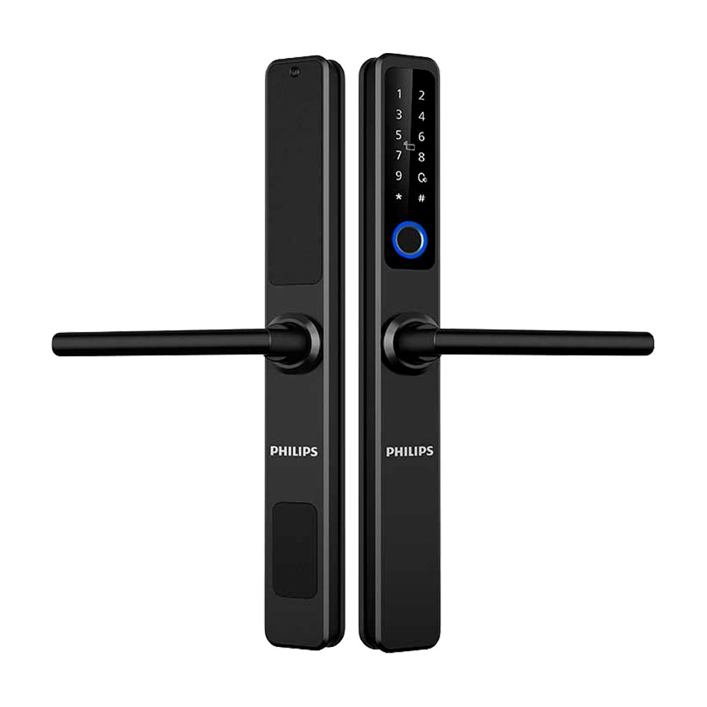 Foto do Produto Fechadura Elétrica Philips DDL608-5HWS - Impressão Digital/Código Secreto/Cartão/Chave mecânica - Preto