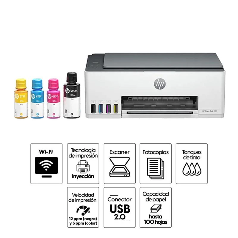 Foto do Produto Impressora HP Smart Tank 580 Multifuncional Wireless Bivolt 3 em 1